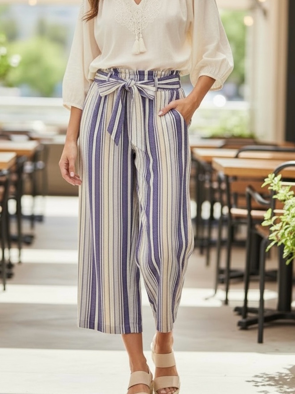 ECI Women's Cropped Striped Wide-Leg Linen Blend Pants Size 8